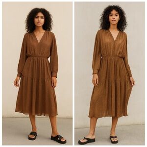 Vince Brown Polka Dot Long Sleeve Pleated Midi Dress Large NWT
